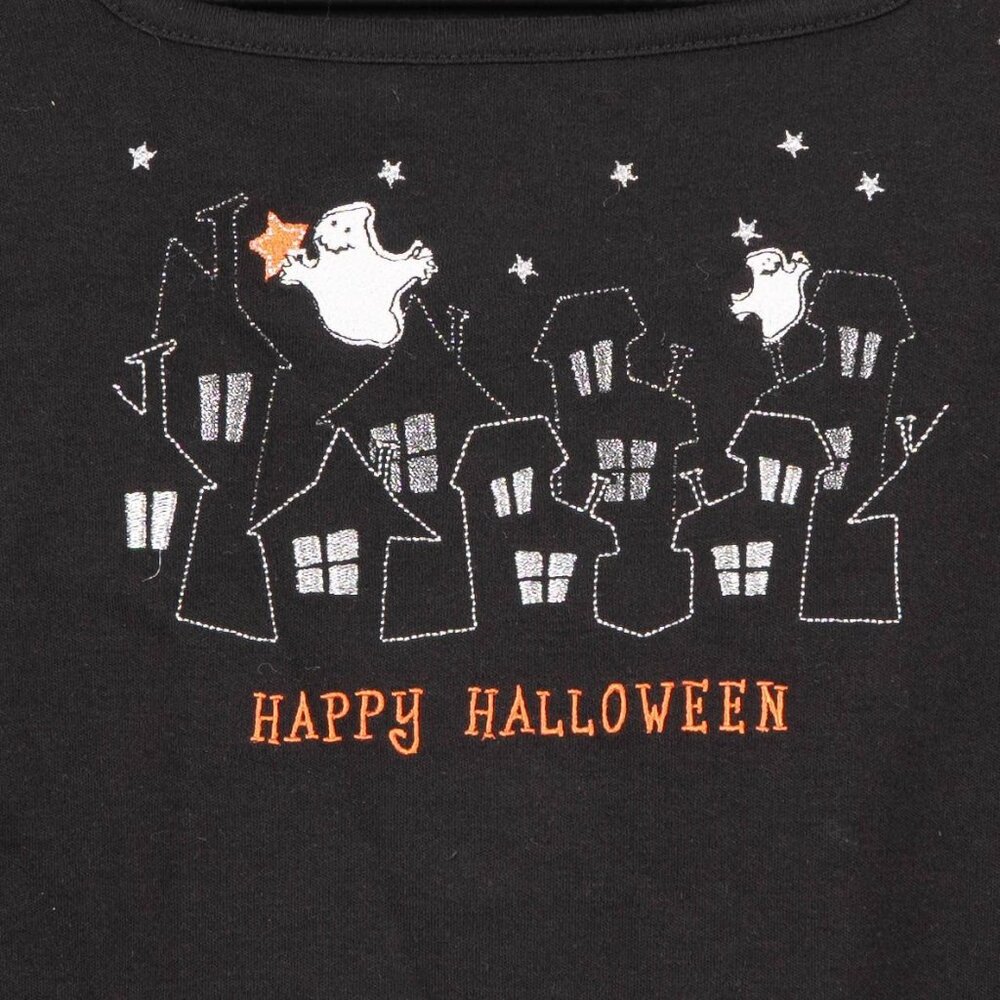 Happy Halloween TShirt M Haunted House Ghost Embroidered Long Sleeve Stretch - Picture 2 of 6